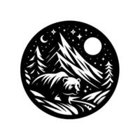 A stylized black and white circular illustration of a bear in a snowy mountain forest under a starry night sky, with mountains, trees, moon, and stars. vector