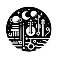 Celestial Symphony A monochrome illustration of musical instruments amidst stars, planets, and moons within a circular frame. vector