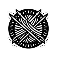 Intricate, minimalist black and white emblem, a ball of yarn intertwined with knitting needles inside a circular frame, with stylized dot border. vector