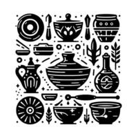 Decorative arrangement of black lineart pottery, tools, and botanical elements on a cream background, evoking a folk art aesthetic. vector