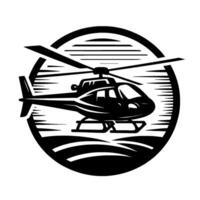 Black and White Illustration of a Helicopter Inside a Circular Frame with Textured Background. vector