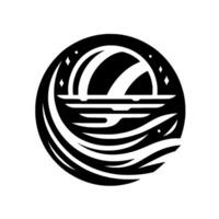 Stylized Black and White Circular Featuring a MoonSun Over Water with Wave Patterns and Stars. vector