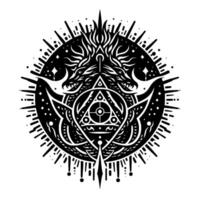 A symmetrical black and white occult illustration featuring a central triangle with dragons, surrounded by radial elements in a circular . vector