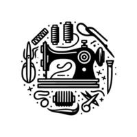 Circular, monochromatic illustration of sewing tools machine, thread, scissors, needles, and other craft accessories, arranged in a pattern. vector