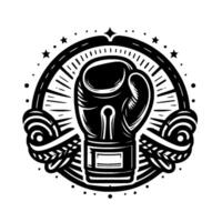 Monochromatic Boxing Glove Emblem with Radial , Stars, Ribbon, and Shield Element. vector