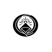 Stylized Minimalist Black and White Sun, Mountain, and Abstract Flower Within a Circular Frame, On White Background. vector