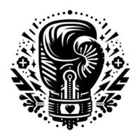 Bold black and white boxing glove illustration with surrounding symbols, creating a powerful, artistic . vector