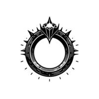 A stylized, black and white linocut illustration of a regal ring, topped with a pointed diamond and a spiked circular band, radiating outward lines. vector