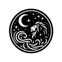 Black and White Circular Emblem Lion Under Crescent Moon and Stars, Symbolizing Strength, Zodiac, and Celestial Majesty. vector