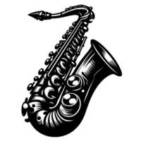 Intricately detailed monochrome saxophone illustration with bold lines and ornate patterns, set against a clean white background. vector