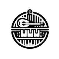 A stylized, symmetrical black and white music featuring a guitar and piano keys within a circular frame. vector