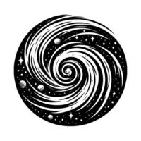 Cosmic Vortex A Circular Black and White Illustration of a Spiraling Galaxy with Stars and Planets. vector