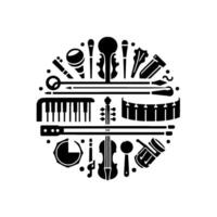 Monochrome Circle Composition of Various Musical Instruments Violin, Drums, Microphone, Piano, and Accessories in a Decorative, Style. vector