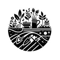 A stylized black and white circular illustration depicting a vibrant garden scene with tools, plants, and soil layers. vector