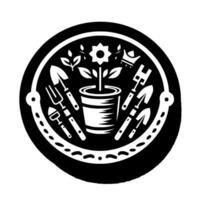 Black and white circular emblem featuring a flower in a pot, surrounded by garden tools, creating a clean, minimalist . vector