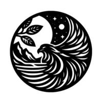 YinYangInspired Black and White Silhouette Eagle Soaring Over Mountains, Under a Celestial Night Sky with Stars and a Moon, Surrounded by a Circular Frame, with a Leafy Branch. vector