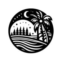 Stylized black and white circular illustration depicting a tranquil nighttime landscape with a crescent moon, stars, a palm tree, and pine trees. vector