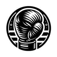 Bold, stylized black and white illustration of a boxing glove within a circular emblem, featuring a structured . vector