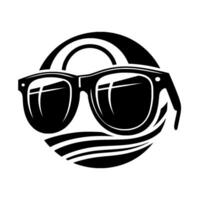 Sleek black sunglasses emblem within a circular , featuring arches above and waves below, a modern . vector