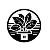 Symbolic monochrome circular illustration featuring a house with foliage inside, surrounded by a horizontal line pattern, representing home and nature harmony. vector