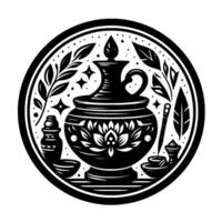 Circular Black and White Intaglio Illustration of a Ritual Tea Ceremony, with a Lotus, Pitcher, Leafy Branches, and Detailed Utensils inside a Decorative Border. vector