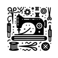 Black and White Illustration of Sewing Machine with Tools and Accessories in a Square Composition. vector