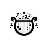 Minimalist Monochrome Musical Illustration A stylized lyre adorned with floating musical notes and decorative stafflines. vector