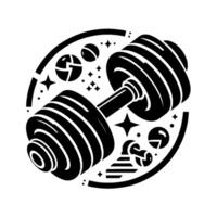 Stylized Black and White Dumbbell Illustration Within an Orb with GymThemed Elements and Starry Accent. vector