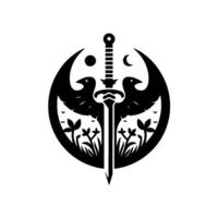 A symmetrical, monochrome crest featuring a central sword flanked by two stylized birdlike creatures and floral elements, set against a white background. vector