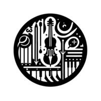 Monochromatic Circular Composition Showcasing Musical Instruments and Symbols in Minimalist Style. vector