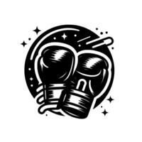 Black and white illustration of boxing gloves within a circular frame, with sparkles and a minimalist aesthetic. vector