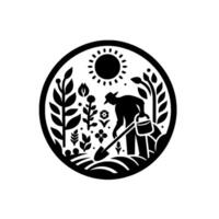 A circular black and white illustration depicting a gardener tending to plants, flowers, and a bright sun in a spring field with tools. vector