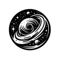 Black and white stylized celestial illustration featuring a swirling galaxy within a circular frame, surrounded by stars and planets. vector