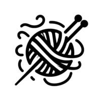 Black and white stylized illustration of a yarn ball with knitting needles, surrounded by stylized thread trails, creating a minimalist, artistic . vector