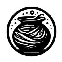 Illustration of a stylized, black and white cauldron with swirling patterns, within a circular frame, with dot embellishments. vector