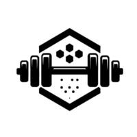 Bold black and white fitness featuring a dumbbell within a hexagonshaped frame, accompanied by minimalist geometric embellishments for a modern, clean aesthetic. vector