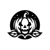 Stylized Black and White Halloween Pumpkin Emblem with a Grinning Face, Set Against a Circular Background with Dots and Leafy Accents. vector