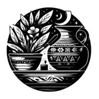 Decorative Black White Illustration of a Botanical Still Life with Pottery, Plants, a Candle, and Celestial Elements in a Circle. vector