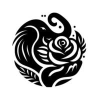 A black and white circular featuring a rose intertwined with stylized bird and leaf elements, suggesting a symbolic or decorative illustration. vector
