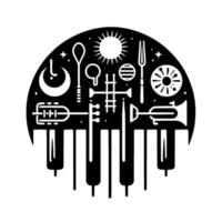 Abstract Black White Composition Keyboard with Musical Instruments and Symbols within a Semicircle. vector
