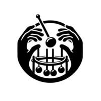 Stylized Black and White Illustration of Hands Holding a Newtons Cradle with Geometric Spheres, within a Circle. vector