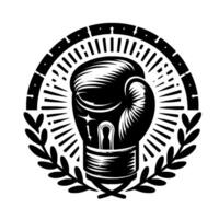 Black and white emblem, a stylized boxing glove within a laurel wreath and radial , symbolizing strength and victory. vector