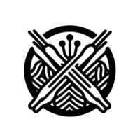 Black and white emblem of crossed knitting needles and yarn within a circle, with stylized elements. vector