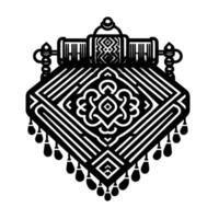Geometric, symmetrical black and white featuring a central rhombus with intricate patterns, a horizontal cylindrical element above, and teardrop pendants below. vector