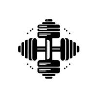 Symmetrical dumbbell in monochrome with dotted circle, representing strength, fitness, and workout, on white background. vector