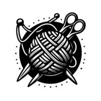 A minimalist black and white illustration of crafting tools, featuring a skein of yarn intertwined with needles and scissors, set against a circular backdrop. vector