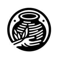 Symbolic Black and White Illustration Hand cradling a plant, inside a circular vessel within a circular frame. vector