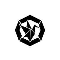 Geometric origami crane nestled within a heptagonal frame, rendered in stark black and white against a minimalist background. vector