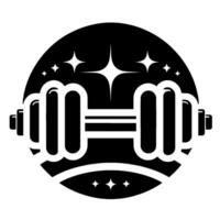 A striking monochrome featuring a stylized dumbbell set against a circular black backdrop adorned with sparkling starbursts. vector