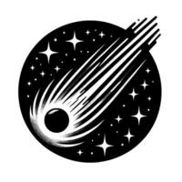 Black and white minimalist illustration of a comet streaking across a starfilled night sky within a circular frame, with art aesthetic. vector